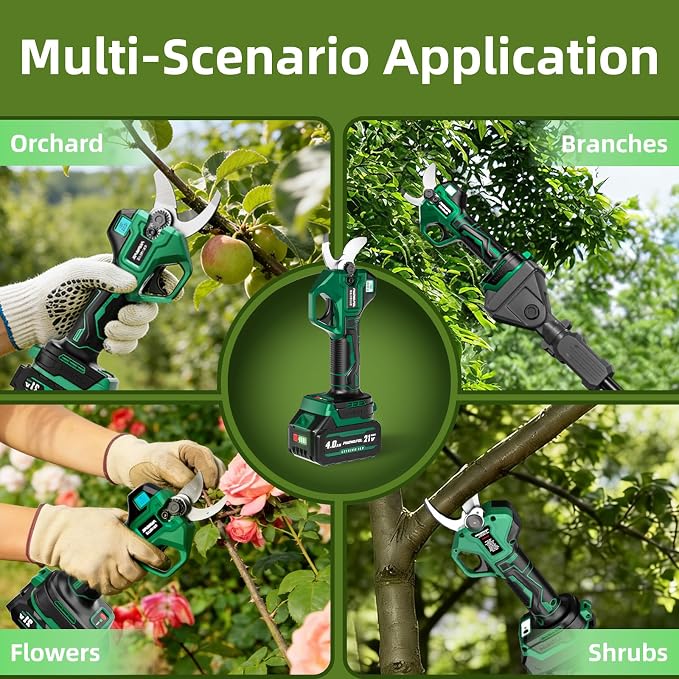 2.5" Cutting Diameter, 2-in-1 Pole Electric Pruning Shears - Brushless Motor, 15ft Reach,21V Dual 4.0Ah Batteries, Extra Sk7 Blade, Stainless Steel Pole, 2 Modes Adjustable for Tree & Flower