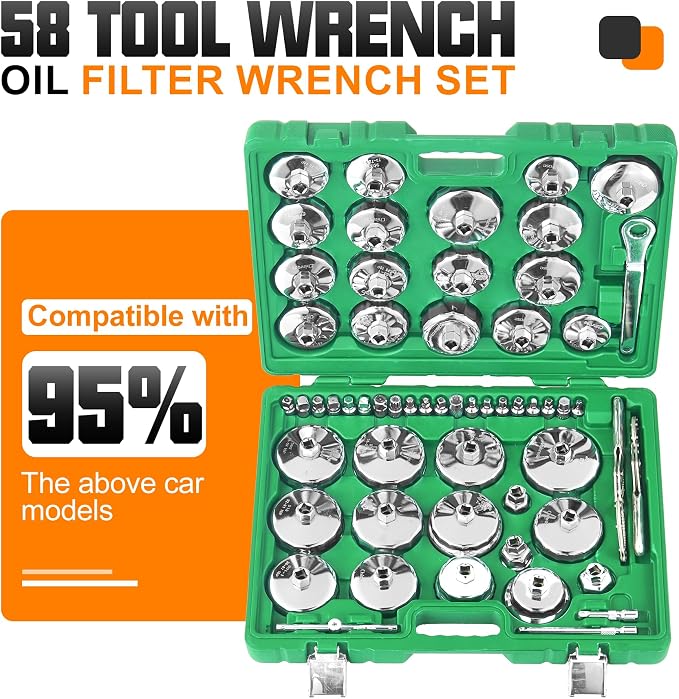 Auto Oil Filter Socket Wrench Set, Stainless Steel, 1/2 inch Drive | Cup Type Cap Removal Tool, Drain Plug Socket Set Included, Compatible with Car & SUV