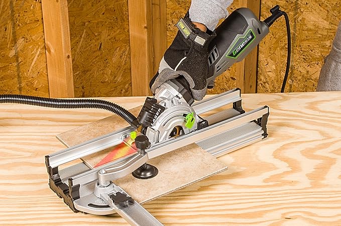 Genesis GPCS535CK 5.8 Amp 3 1/2” Control Grip Plunge Compact Circular Saw Kit with Laser, Miter Base, 3 Assorted Blades, Vacuum Adapter Hose, Rip Guide and Carrying Bag