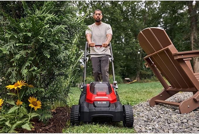 CRAFTSMAN Push Mower 15 in, 2 x 4 Ah V20 Batteries and 2 Chargers Included, Up to 45 Min of Runtime, Lightweight, Easy to Maneuver Electric Lawn Mower Cordless with Grass Bag (CMCMWP120M2)