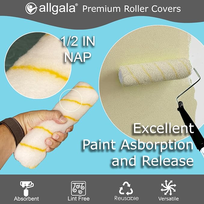 Allgala Paint Roller Covers, 6 Pack 9 Inch Shedless Lint Free Painter Roller Covers 1/2 in Roller Naps for Paint Roller Kit
