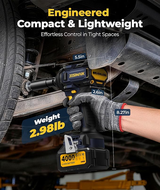 JESIMAIK Cordless Impact Wrench, 900Ft-lbs (1200N.m) 1/2" Brushless Impact Gun, 21V High Torque Impact Gun with 2×4.0Ah Batteries, 4 Variable Speeds, 5 Sockets, Impact Driver for Car/Pickup/Mower