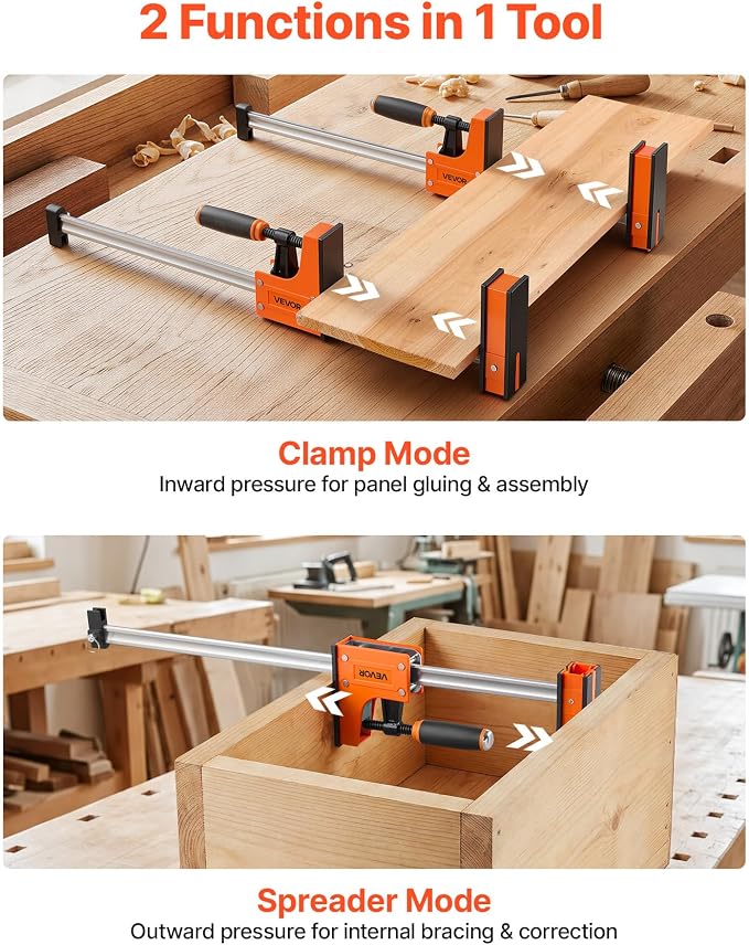 VEVOR Bar Clamps for Woodworking, 4-Pack, 24" Opening F Clamps, 1500 lbs Load Limit, Clamp/Spreader 2 Modes, Soft Rubber Pads, Ergonomic Handle, Carbon Steel Bar, for Wood Working and Metal Working