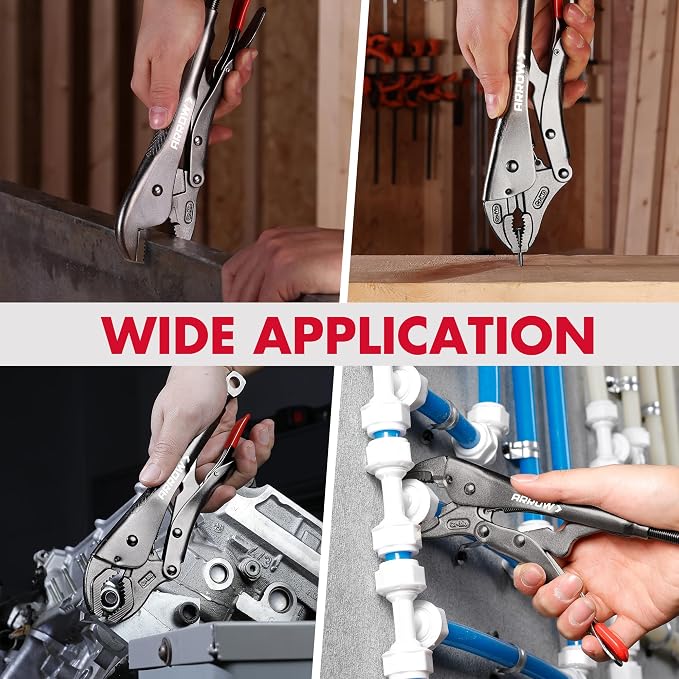 ARROW 7-piece Locking Pliers Set with Rolling Pouch, Chromium-Molybdenum Vice Grips, 5"/7" Curved Jaw, 6.5"/9" Long Nose, 7"/10" Straight Jaw, 10" V-Jaw Vise Grip Pliers