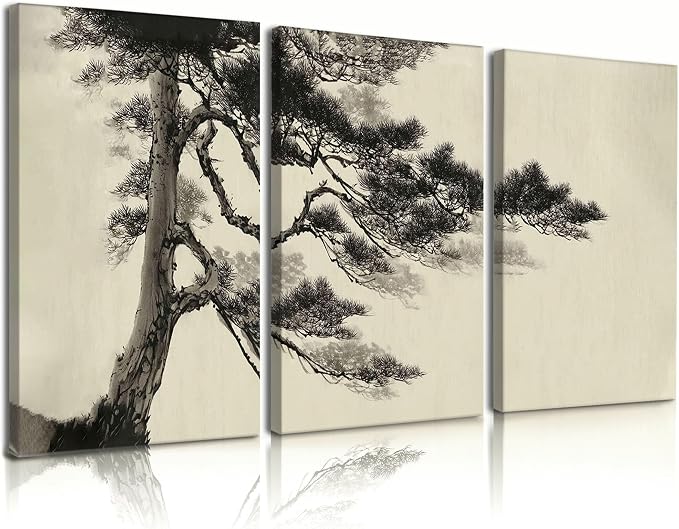 Frimeeme Vintage Sketch Pine Tree Framed Canvas Wall Art Set of 3, Antique Wilderness Forest Wall Decor, Nature Botanical Landscape, 12x16 Inch，Modern Landscape Prints for Living Room Bedroom, 12x16 Inch