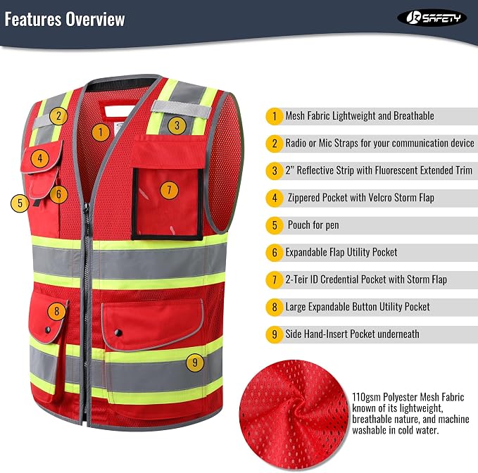JKSafety 11 Pockets Hi-Vis Black Mesh Safety Vest for Men Women High Visibility Reflective Construction with Zipper Work Utility PPE Work Gear ANSI/ISEA compliant (102-Red M)