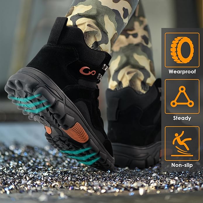 Ablanczoom Work Boots for Men Steel Toe - Construction Footwear Slip Resistant Comfortable Breathable Durable Safety Boot