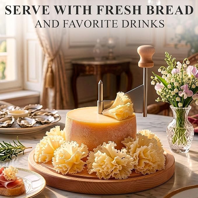 Flower Cheese Cutter for Making Rose-Shaped Cuts - Manual Rotating Cheese Shaver Tool with Stainless Steel Blade, Non-Slip Wood Base, Fasteners, Compatible with 16-18 cm Tête De Moine Cheese Wheel