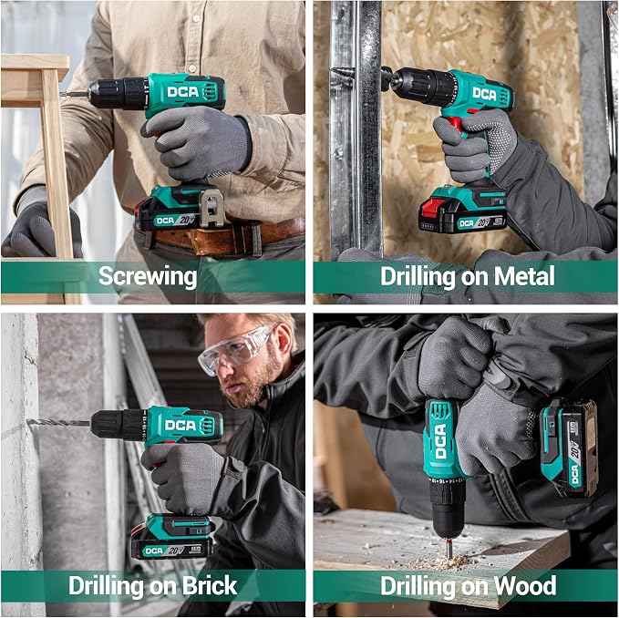 DCA 20V Cordless Hammer Drill Set, 354 In-lb Torque, 1/2" Keyless Chuck, 22500 IPM, 2 Variable Speeds, 18+1+1 Position, 14 Drill/Driver Bits for Brick, Metal, Wood ADJZ2035i13 (Renewed)