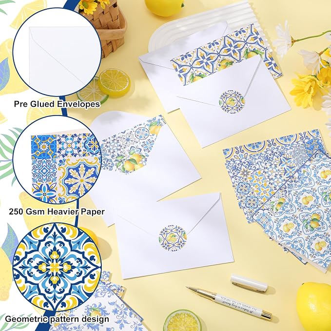 Maitys 200 Set Capri Lemon Blank Cards and Envelopes Bulk 4x6 Inch Beautiful Greeting Cards with Envelopes & Stickers 10 Amalfi Coast Lemon Notecards for Wedding Bridal Baby Showers Birthday