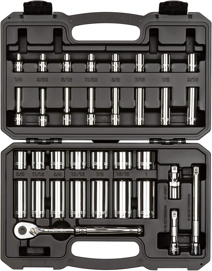 TEKTON 3/8 Inch Drive 6-Point Socket and Ratchet Set, 34-Piece (1/4-1 in.) | SKT15101 | (1/4 - 1 in.), Shallow and Deep, Case