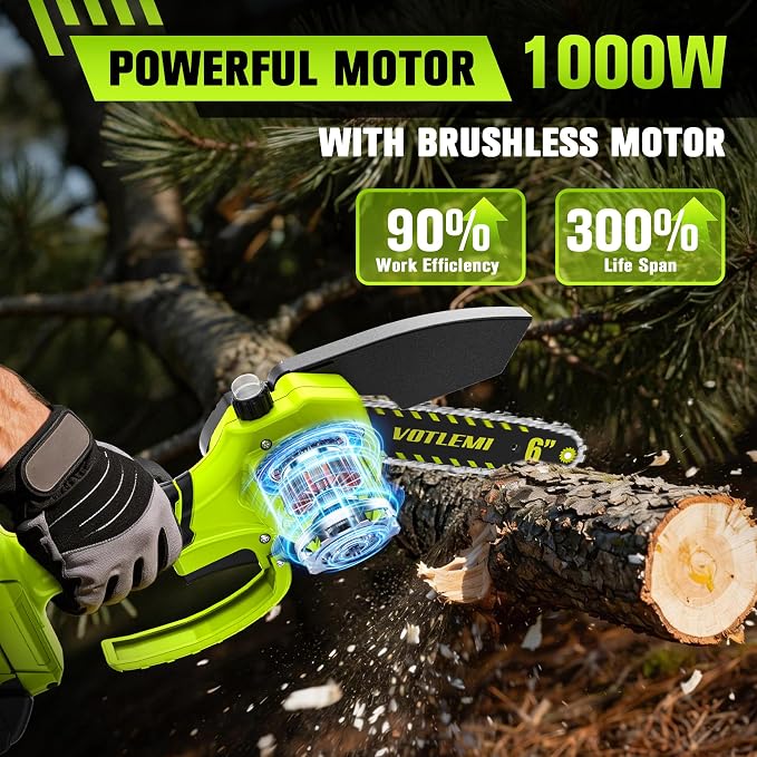 Mini Chainsaw Cordless, 6 Inch Electric Chainsaw with 2 * 2000MAH Battery, 1000W Handheld Battery Powered Chain Saw with Auto Oiler, Gifts for Wood Cutting/Tree Trimming