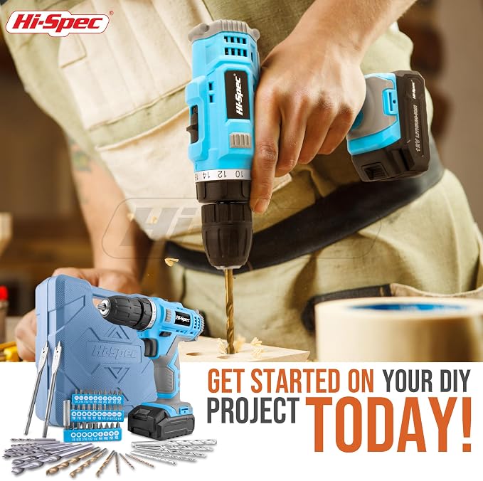 Hi-Spec Cordless Drill Set 50pc 12V Electric Power Driver in a Toolbox Case. Includes Rechargeable Battery, Power Screwdriver Bits, Wood, Metal, and Masonry Drill Bit Set Accessories
