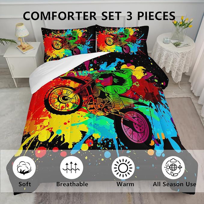 Axolotl Motocross Bedding Set King,Dirt Bike Comforter Set,Extreme Sports Bedding,Motorcycle Racer Comforter,Colorful Motocross Motor Vehicles Biker Quilt for Boys Kids Teens Men,1 Quilt 2 Pillowcase