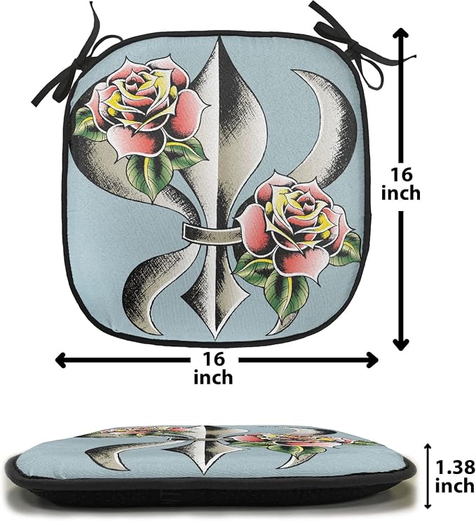Lunarable Fleur De Lis Chair Cushion Pads Set of 4, Fleur-de-Lis Design with Roses Love Power Ornamental Art, Anti-Slip Seat Padding for Kitchen & Patio, 16"x16", Blue Grey Multicolor