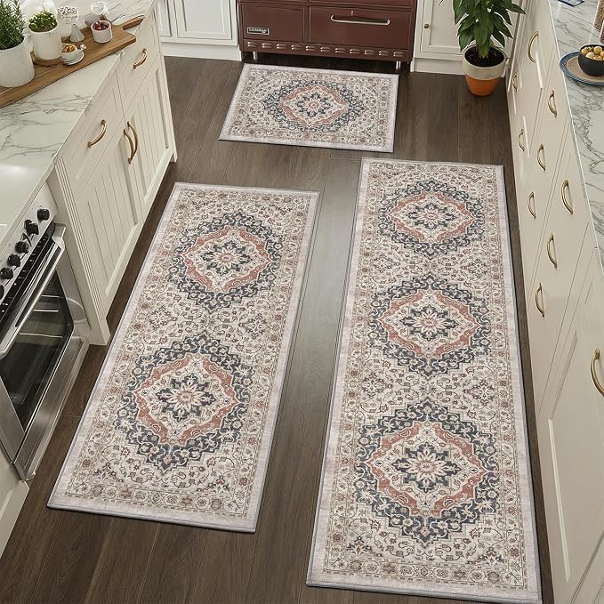 Color&Geometry Vintage Kitchen Rugs Sets of 3, Machine Washable 4mm Ultra Thin Stain Resistant Kitchen Floor Mats, Non Slip TPE Backing Runner for Sink,Hallway,Laundry,Entryway (2x3+2x5+2x7)