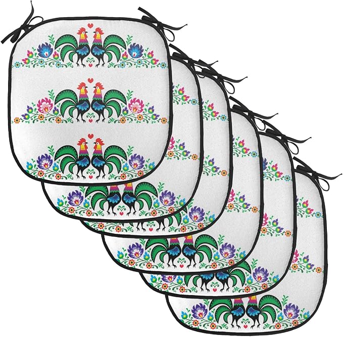 Lunarable Gallus Chair Cushion Pads Set of 6, Roosters Polish Culture Slavic European Classics Art, Anti-Slip Seat Padding for Kitchen & Patio, 16"x16", Orange Green Pink