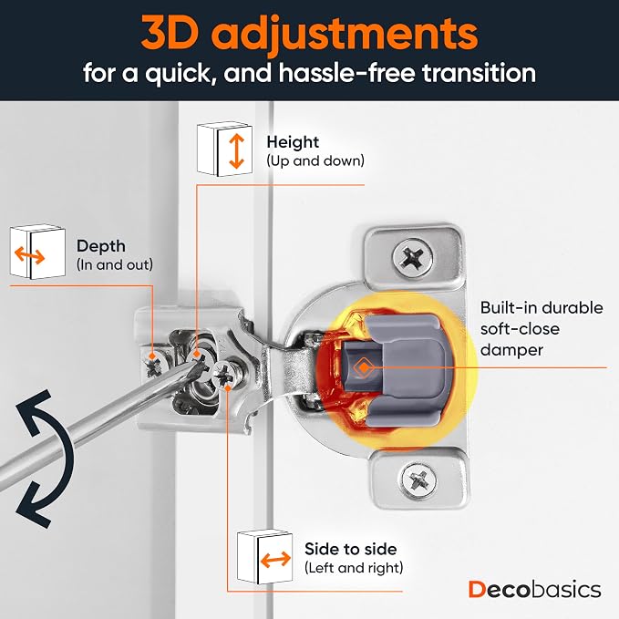 DecoBasics 50 Pack(25 Pair) 1/2" Overlay Soft Close Cabinet Hinges for Kitchen & Bath - Concealed Soft Close Hinge for cabinet Door w Self Closing Damper -Easy Upgrade -Stainless Steel Last a Lifetime