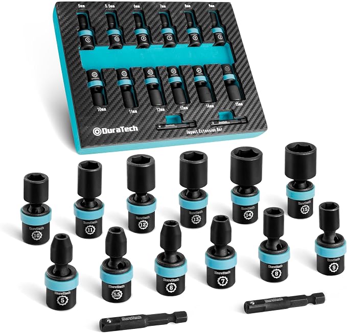 DURATECH 1/4" Drive Impact Universal Joint Socket Set, 14-Piece, 5mm-15mm | Swivel Socket Set, 360° Rotation, Metric, with 2" Extension Bars, 6-Point, Cr-Mo Steel, Organized in EVA Foam Organizer