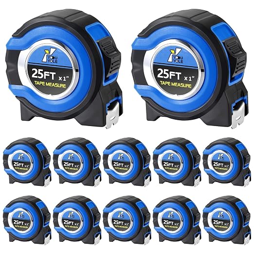 Youyole 12 Pack Tape Measure with Fractions 1/8 Steel Measuring Tape Retractable Easy Read Measurement Ruler Steel Power Blade (25 ft X 1 in,Blue)