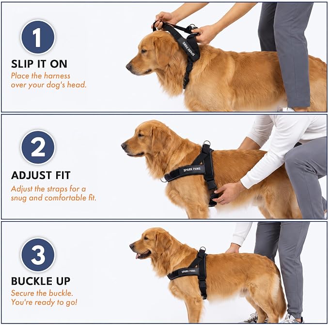 Spark Paws No Pull Front Clip Dog Harness - Easy On, Padded and Lightweight | Two Clips, On in Seconds, Chest Bearing, Australian Style, No Throat Pressure, for Small Medium and Large Breeds