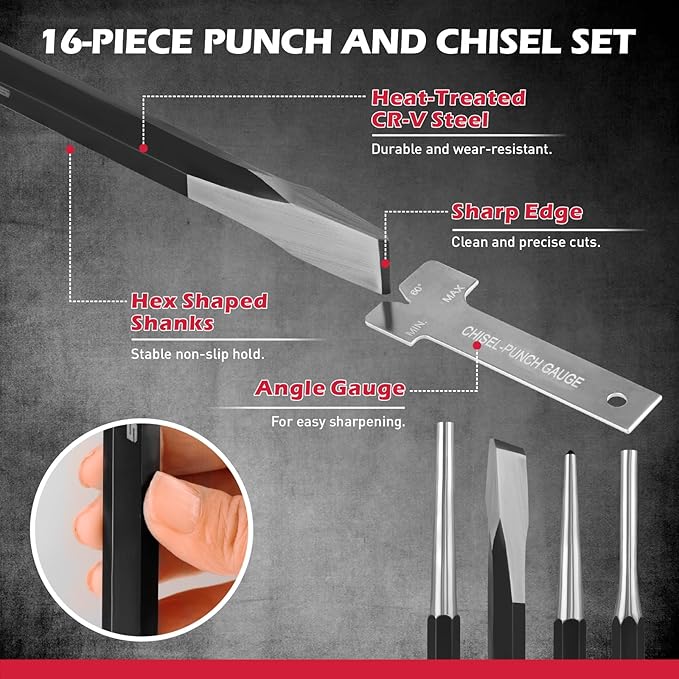 25-Piece Punch and Chisel Set with Roll Pin Punches, Includes Taper, Pin, Center Punches & Cold Chisels for Metalworking, Automotive, and Craft Use