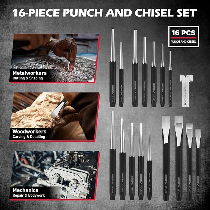 25-Piece Punch and Chisel Set with Roll Pin Punches, Includes Taper, Pin, Center Punches & Cold Chisels for Metalworking, Automotive, and Craft Use