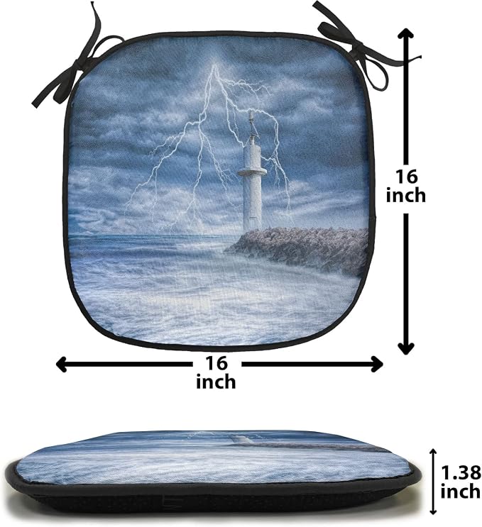 Lunarable Lighthouse Chair Cushion Pads Set of 6, Lighthouse Thunderstorm Turbulent Wind Moody Weather Dramatic Sky Scene, Anti-Slip Seat Padding for Kitchen & Patio, 16"x16", Navy Blue Dimgray