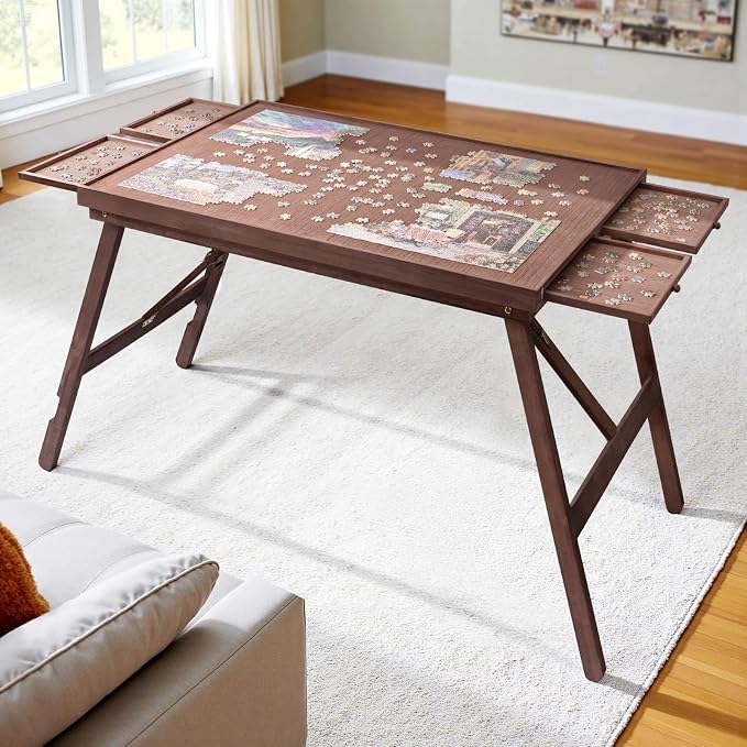 TEAKMAMA 27.6" H 1500Pcs Puzzle Table with Legs,4 Drawers for Adults,Brown | 34.3" W x 26.5" D Wood Folding Jigsaw Puzzle Board with Protective Cover