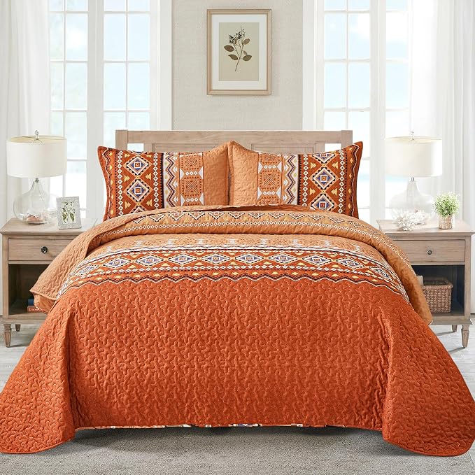 WONGS BEDDING Burnt Orange Boho Quilt Set Full,3 PCS Summer Quilt Bedspread Lightweight Geometry Printed Coverlet Set with 2 Pillowcase,Soft Bohemian Bedding Set 78''×90''
