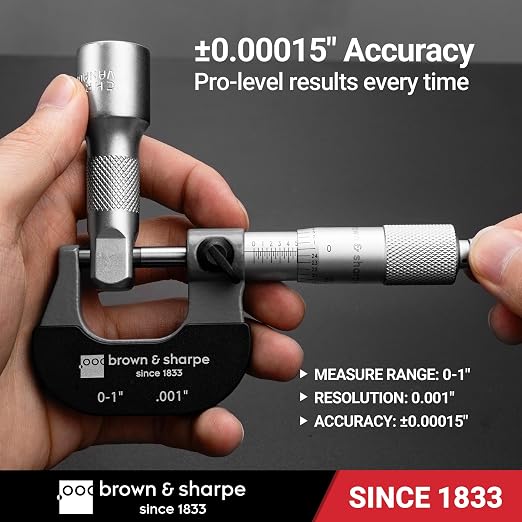 Brown & Sharpe Outside Micrometer 0–1", Precision Micrometer Machinist Tools, 0.001" Graduation, Carbide Measuring Faces, Ratchet Stop, Satin Chrome Sleeve for Reliable Measurement & Clear Reading