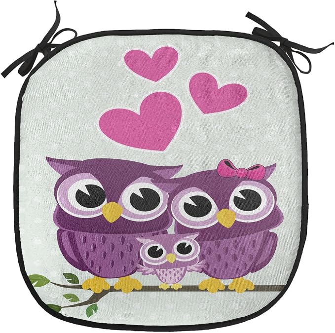 Lunarable Owls Chair Cushion Pads Set of 8, Animal Couple Owl Sitting on a Branch Family Portrait Cartoon Art, Anti-Slip Seat Padding for Kitchen & Patio, 16"x16", Purple Yellow Pink