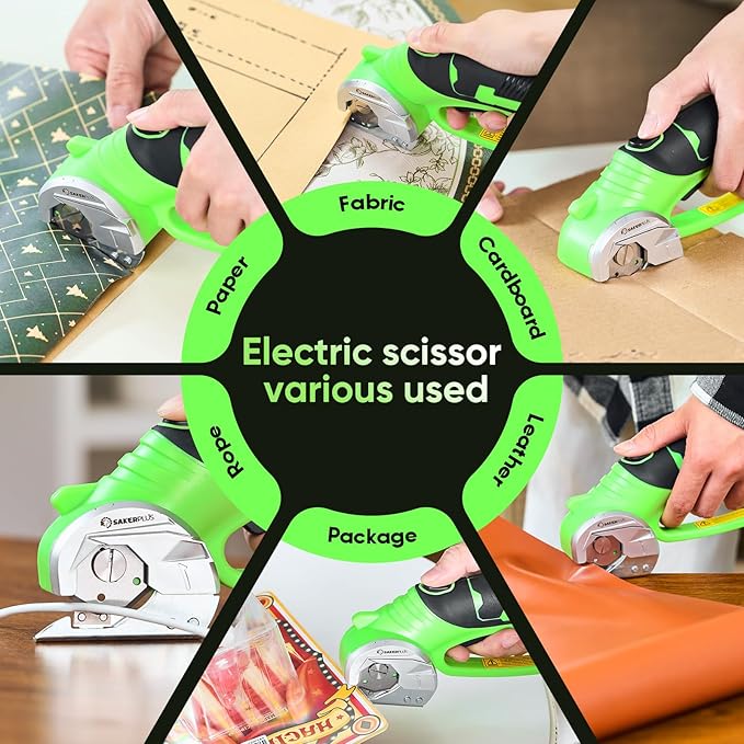 Sakerplus Cordless Electric Scissors, 4V Rechargeable Cardboard Cutter, Cordless Box Cutter, Powerful Cardboard Scissors with Blade, LED Light, Safety Lock for Cutting Fabric Leather