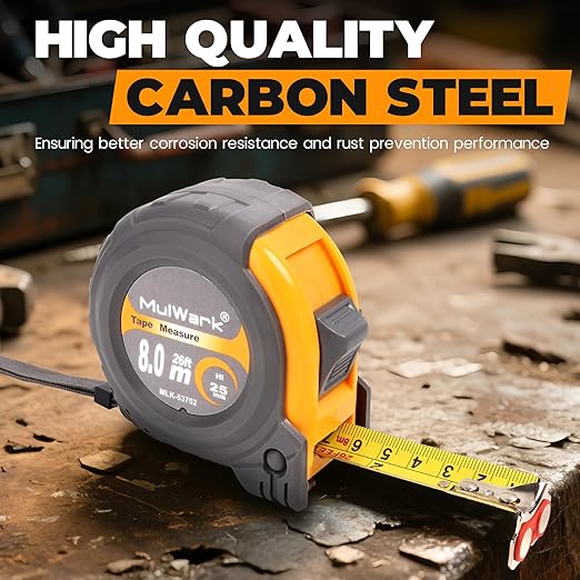 MulWark 25ft Metric Tape Measure, Easy Read Measuring Tape Retractable with Fractions 1/8, Both-Side Metal Blade, Magnetic Hook & Shockproof Case for Construction, Carpenter, Architect, Woodworking