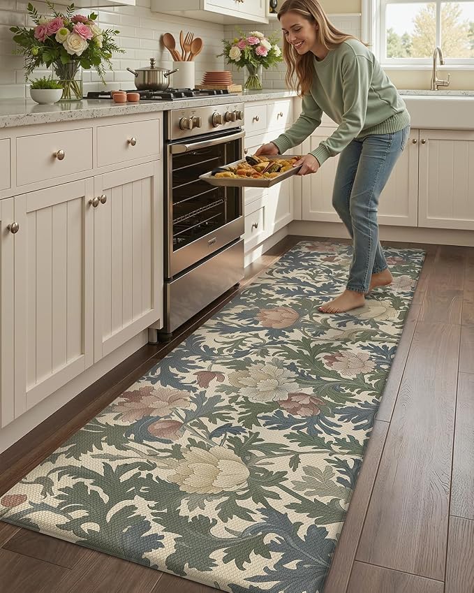 Color&Geometry Floral Kitchen Mat 24"x87", Anti Fatigue Kitchen Mats for Floor, Kitchen Rugs Non Slip, Waterproof & Oil Proof Padded Runner for Standing Desk Office, Sink -Beige