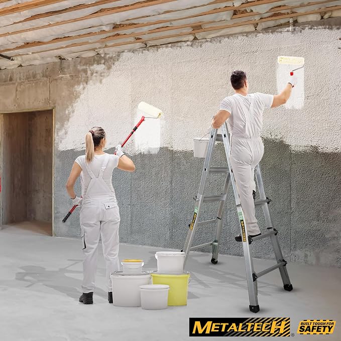 Metaltech E-MTL7000AL Jobsite Series 14-ft.-Reach Aluminum Telescoping Multi-Position Step Ladder for Home Improvement and Construction, Multipurpose Extension Ladder, Step Ladder, Scaffolding Support