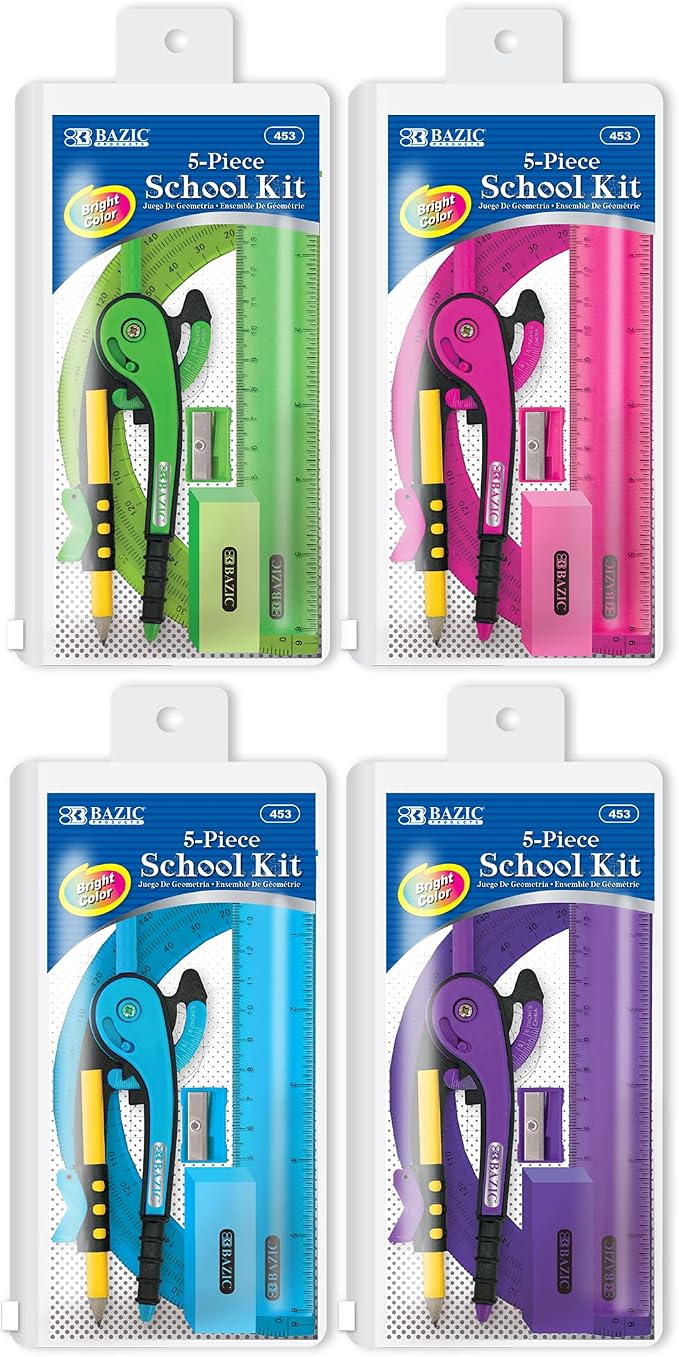 BAZIC Products 5-Piece Geometry Math Set with Zipper Pouch, Ruler Protractor Compass, for Geometry Math School, Box of 24
