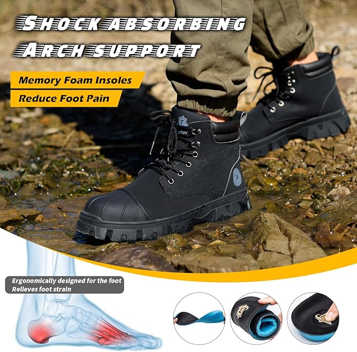 KELODON Waterproof Steel Toe Boots For Men 6 Inch Leather Steel Toe Shoes Non Slip Resistant Safety Work Boots Indestructible Lightweight Construction Boot