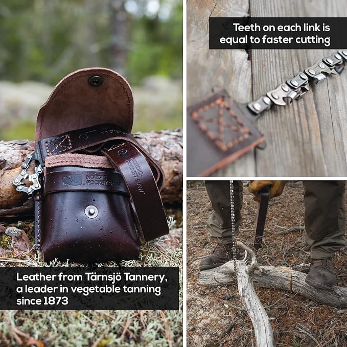 Nordic Pocket Saw for Camping - 25.6 Inch Pocket Chainsaw with 33 Bi-Directional Teeth - Made in Sweden with Organic Leather Handles and Case- Survival Saw and Emergency Saw for Clearing Trails