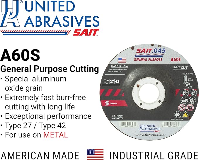 United Abrasives-SAIT 22071 A60S General Purpose Cut-Off Wheels (Type 27/Type 42 Depressed Center) 5" x .045" x 7/8", 50-Pack
