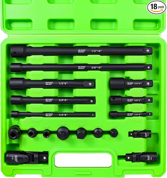 18-Piece Impact Socket Extension Set - 1/4" 3/8" 1/2" Drive Socket Extension Bars, Includes Ratchet Extension Set, Socket Adapter Set, Swivel Universal Joints & Impact Coupler, CR-V Steel