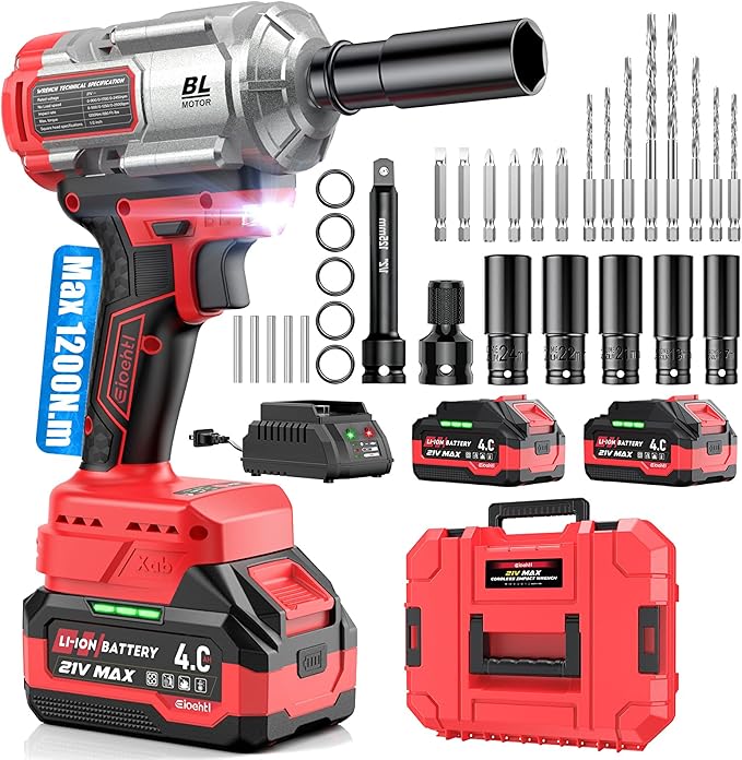 Eioehtl Cordless Impact Wrench 1200Nm, Impact Driver & Impact Drill 1/2" Brushless Power Tool with 2×4.0Ah Batteries, 5 Sockets, 8 Drill Bits, 5 Driver Bits, Extension Bar & Adapter for Car, Van & DIY