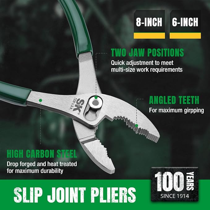 SK Tools USA 2-Piece Pliers Set, 6 & 8'' Slip Joint Pliers, 2-Jaw Position | Premium High Carbon Steel, Angled Teeth, Anti-Slip Padded Handle
