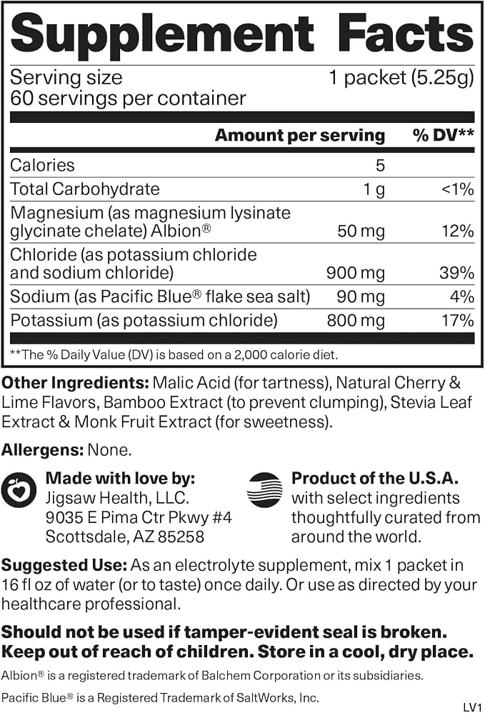 Jigsaw Health Potassium Cocktail | Formerly Pickleball Cocktail | Cherry Limeade Flavor | 60 Servings (Packets)