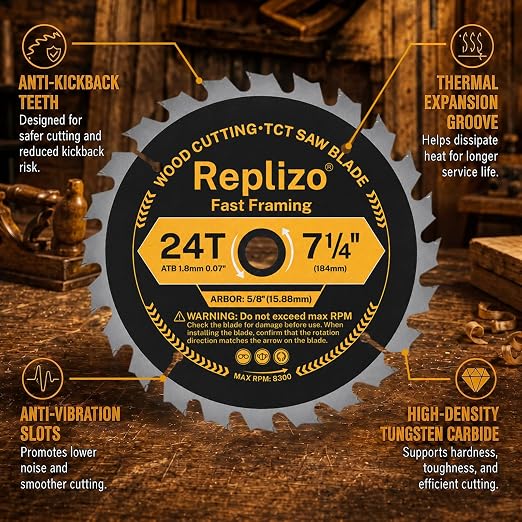 7-1/4 Inch Circular Saw Blade 10 Pack, 24T Carbide Tipped Framing Saw Blades with 5/8 Inch Arbor, Fast Wood Cutting Blades for Hardwood, Softwood, Plywood, OSB and Lumber