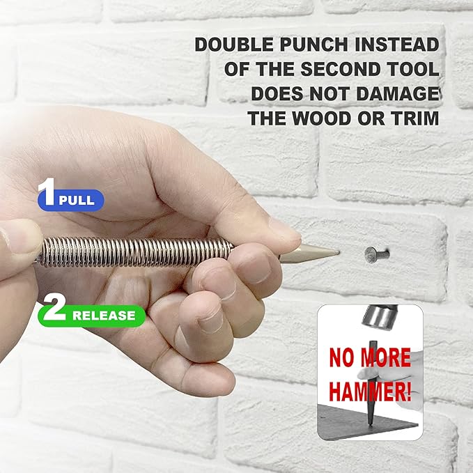 Glieskir Spring Loaded Nail Set Tools,2-PCS Dual Head Nail Setter and Hinge Pin Punch Set, Hammerless 1/16″& 3/32″Spring Nail Set, Super Strong Force Door Pin Removal Tool