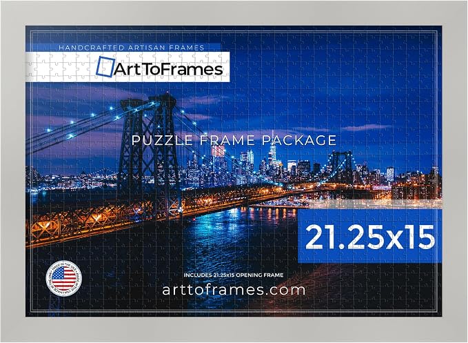 ArtToFrames Puzzle Frame for Buffalo Games 300, 500 Piece Jigsaw Puzzles, 21.25x15 Inch (54x38 cm), Antique White Engineered Wood with Economy Acrylic, Ready to Hang Puzzle Display