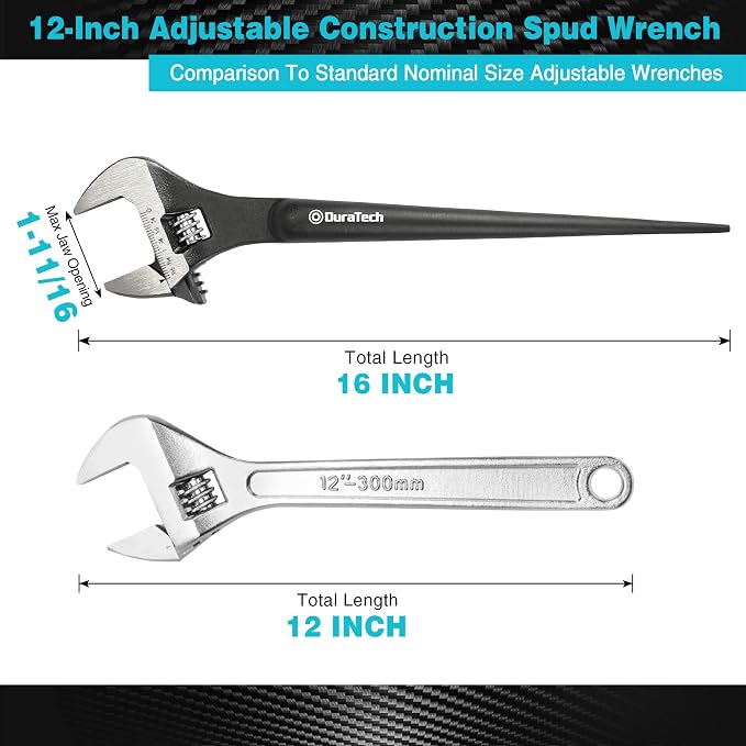 DURATECH 12-Inch Adjustable Construction Spud Wrench | Black Oxide Finish, CR-V Steel, SAE and Metric Scale Marked, Alignment Holes and Tail Crowbar Features