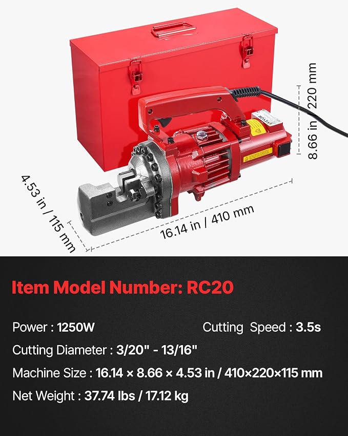 VEVOR Electric Hydraulic Rebar Cutter 1250W 110V - Portable, Cuts #6 4-20mm Rebar in 4 Seconds, with Stainless Steel Carry Case