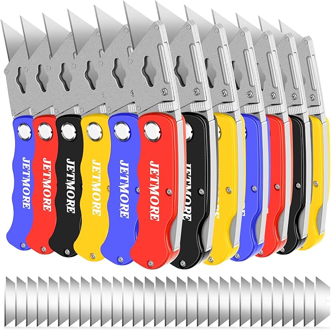 JETMORE 12 Pack Box Cutter, Folding Utility Knife with Spare 30 Pcs Blades, Sharp Box Cutters for Cardboard, Package, Carpet, Crafts, Navajas Para Trabajo, Razor Knife, Folding Knives, Box Opener
